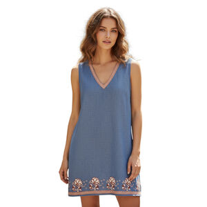 Womens Shift Dress Size XL Blue Cross Stitch Boho Bohemian Cottagecore Chambray